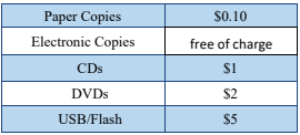 Table Chart of Copy Fees