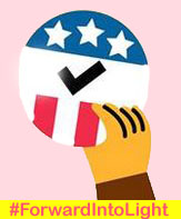 hand holder a button with a vote symbol. Text bellow #forwardlightinto