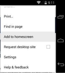 Phone menu highlighint Add to homescreen